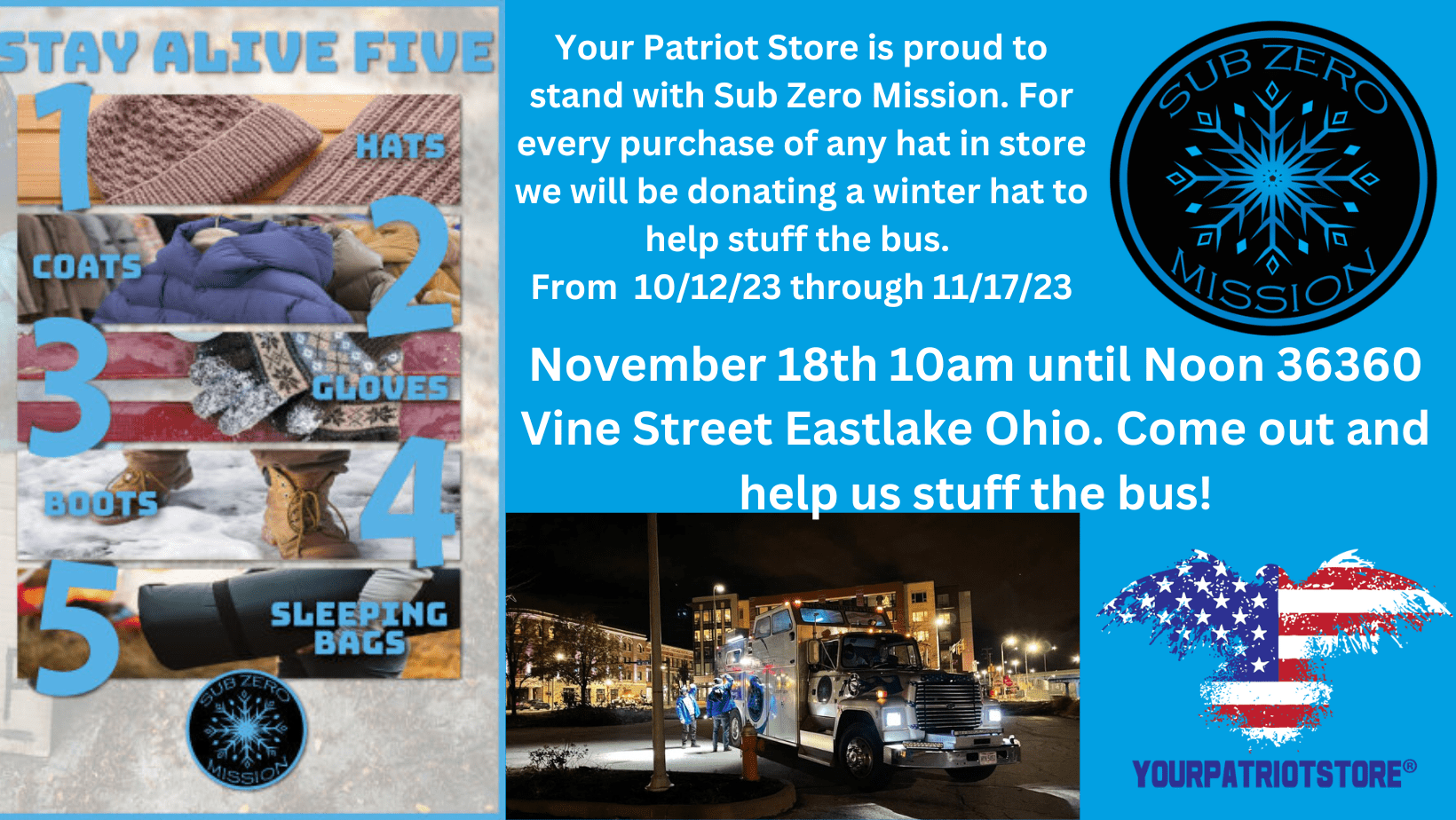 Your Patriot Store Stuff the Bus Flyer