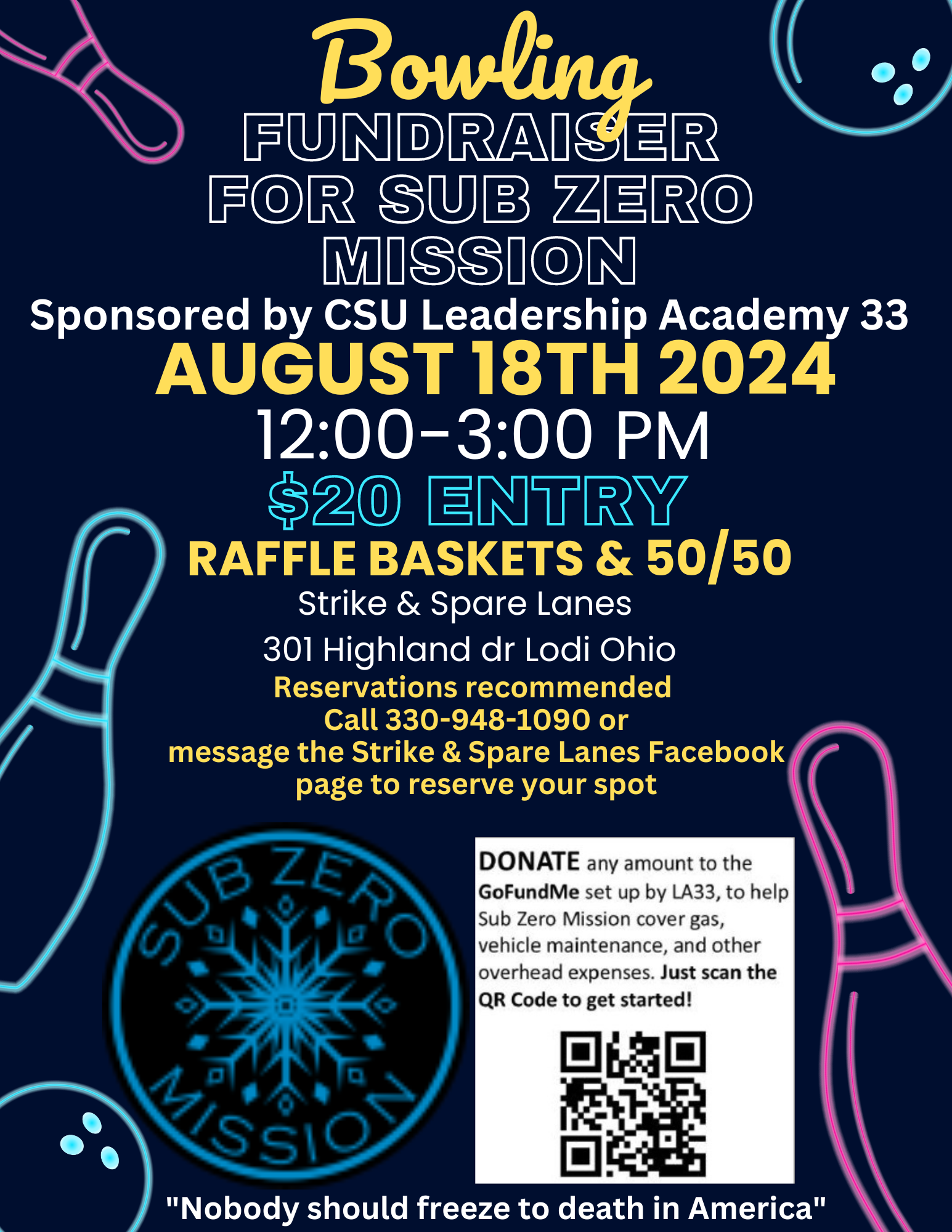 Strike and Spare Lanes Fundraiser for Sub Zero Mission Flyer